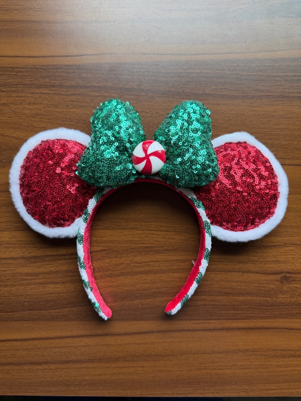 Disney Parks Christmas Minnie Ears Red Green Sequin Peppermint Holiday Headband